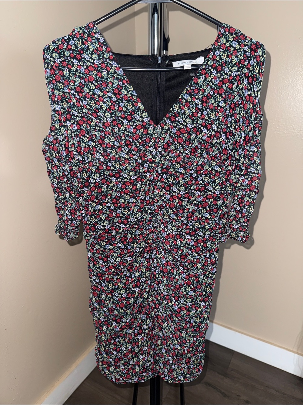 Purple Snow Black Mini Dress with Red & Green Floral Print